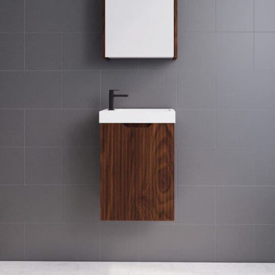 Affordable Vienna Brown Oak wall hung mini vanity for small bathrooms, featuring a fluted style and polymarble top.