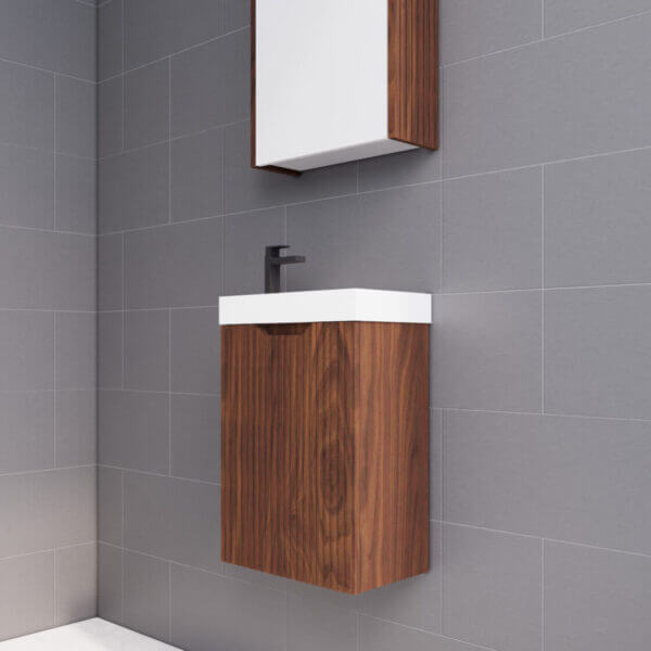 Vienna Brown Oak wall hung mini vanity with fluted style door, ideal for small bathrooms, combining affordable luxury and quality design.