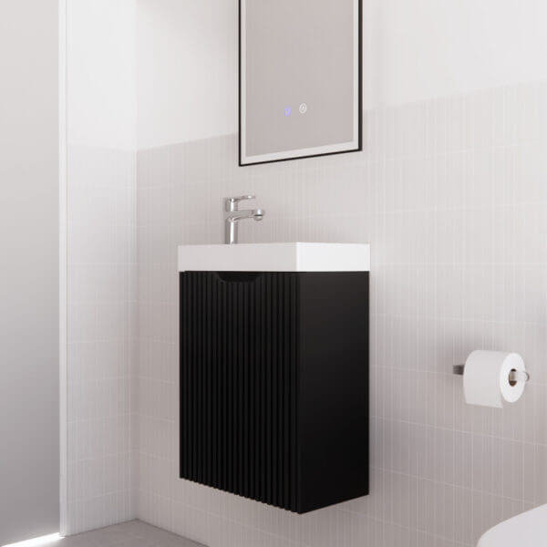 Affordable Vienna Matt Black wall hung mini vanity with fluted design and polymarble top in a modern bathroom setting.