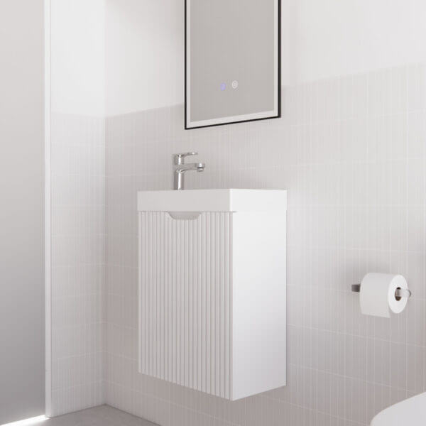 Affordable Vienna Matt White Wall Hung Mini Vanity featuring fluted style with a sleek design, perfect for DIY luxe bathrooms.