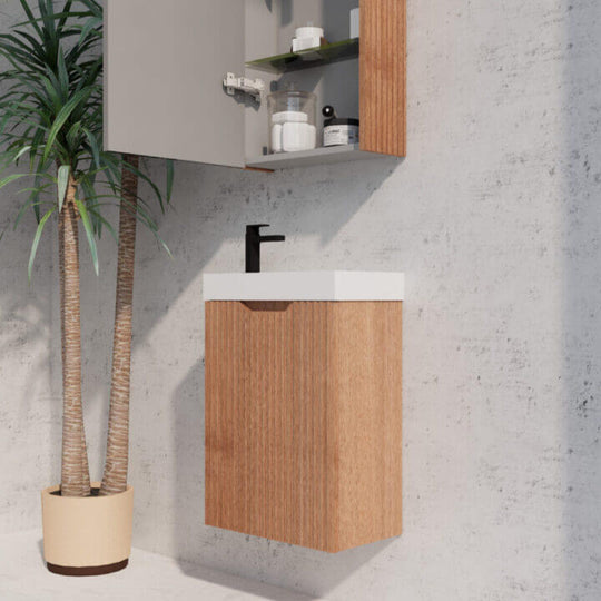 Affordable wall hung mini vanity in fluted style with solid timber finish, perfect for small bathrooms. Quality and luxe design.