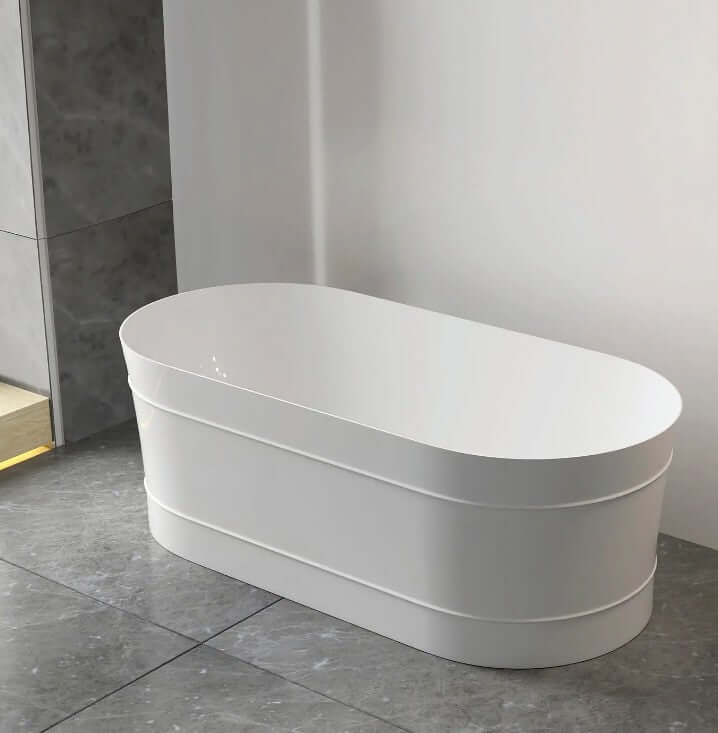 Affordable freestanding oval acrylic bathtub in gloss white, perfect for DIY home luxury bathrooms.