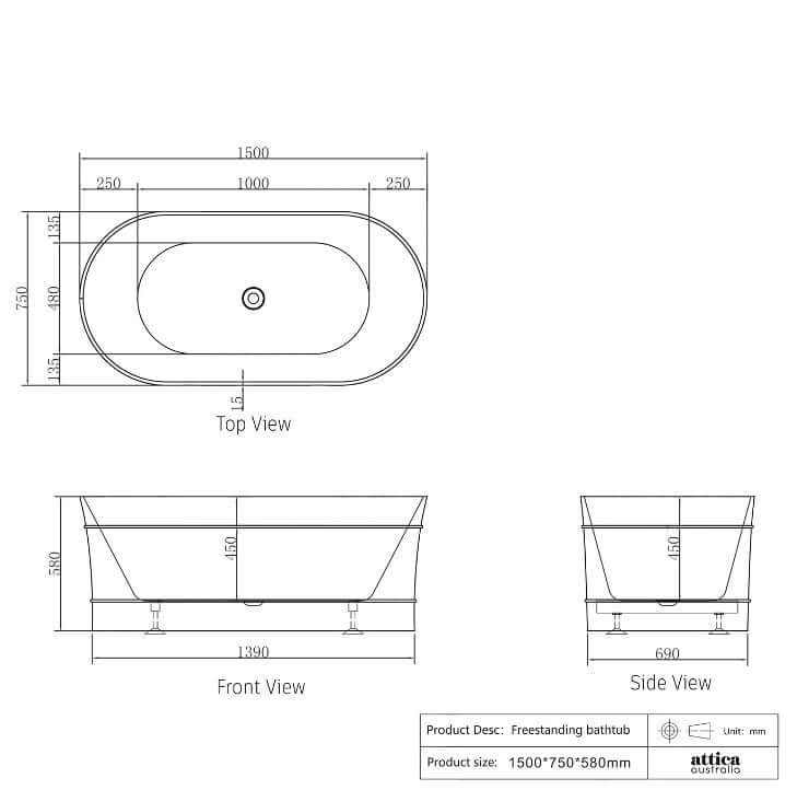 Technical drawing of OTTI Bondi freestanding bathtub, dimensions 1500*750*580mm in oval shape, top, front, and side views.