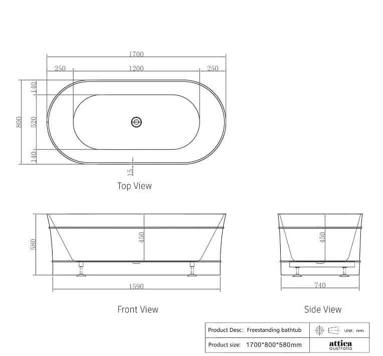 Dimensions and views of the 1700*800*580mm freestanding oval acrylic bathtub, featuring a sleek design and modern style.