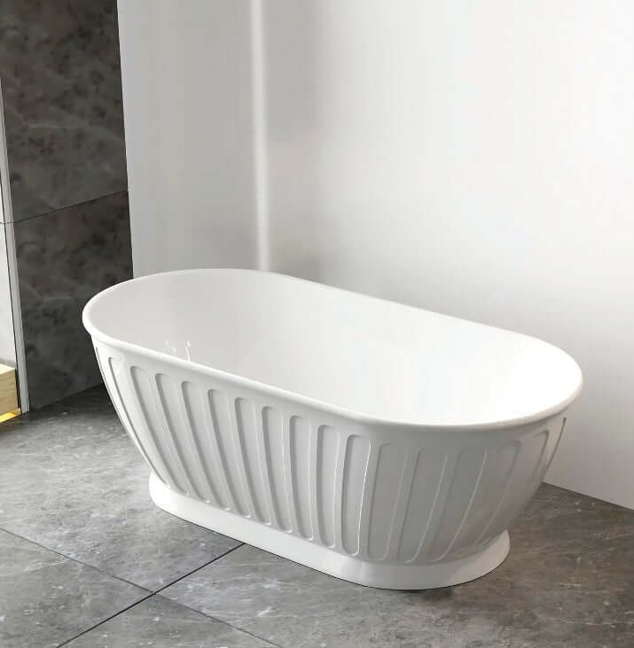 Freestanding oval acrylic bathtub in glossy white finish, designed for luxury and affordability, perfect for DIY projects.