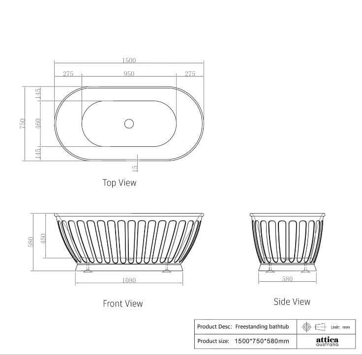 Top, front, and side views of the 1500x750x580mm oval acrylic freestanding bathtub in gloss white.