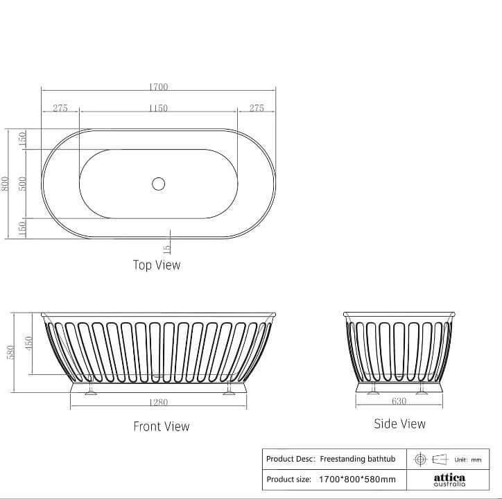 Dimensions and views of OTTI Kensington freestanding bathtub, 1700*800*580mm, oval shape in gloss white acrylic.