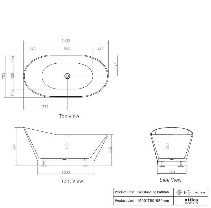 Dimensions of 1500mm freestanding bathtub with top, front, and side views showcasing its curved design.