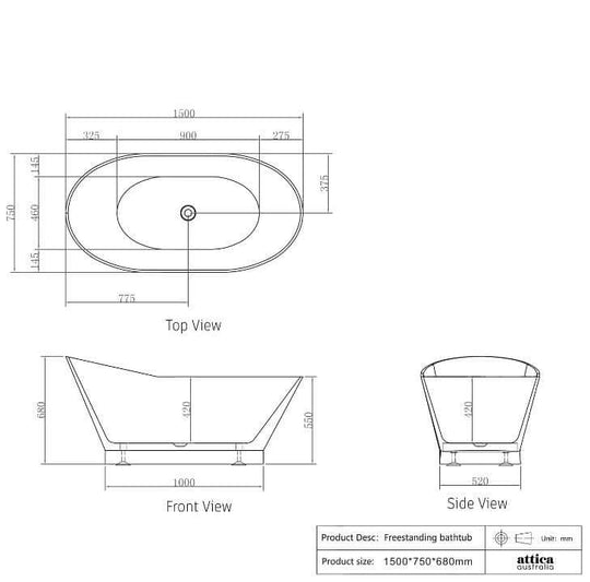 Dimensions of 1500mm freestanding bathtub with top, front, and side views showcasing its curved design.