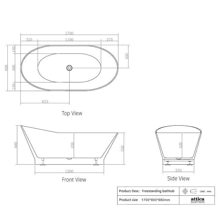 Technical drawing of a freestanding bathtub, showcasing top, front, and side views with dimensions in mm.