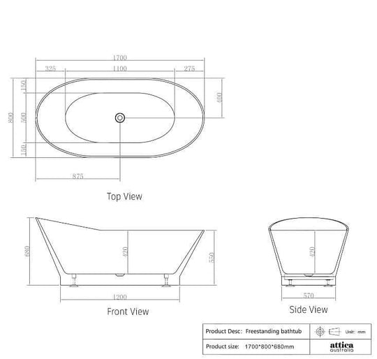 Technical drawing of a freestanding bathtub, showcasing top, front, and side views with dimensions in mm.