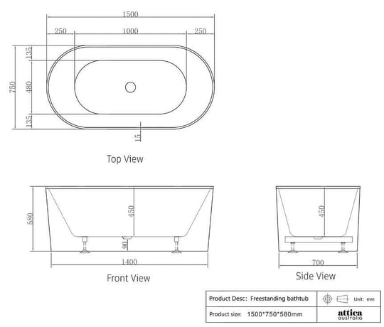 Dimensions of 1500/1700mm freestanding oval bathtub in gloss/matt white acrylic, showing top, front, and side views.