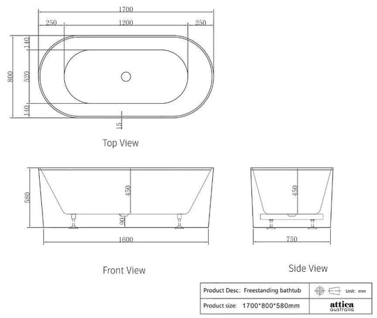 Technical drawing of a 1700x800x580mm oval freestanding bathtub with top, front, and side views.