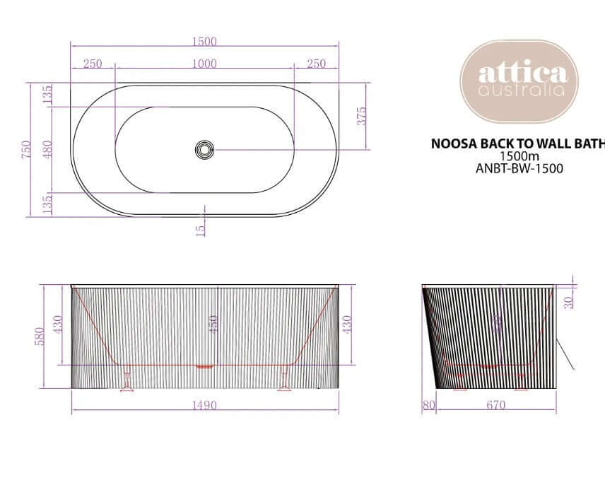 Diagram of Noosa back-to-wall bathtub, 1500mm size, featuring detailed measurements for installation and design.