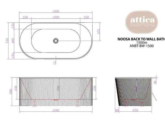 Noosa back-to-wall bathtub dimensions drawing, 1500mm, sleek and modern design for affordable luxury.