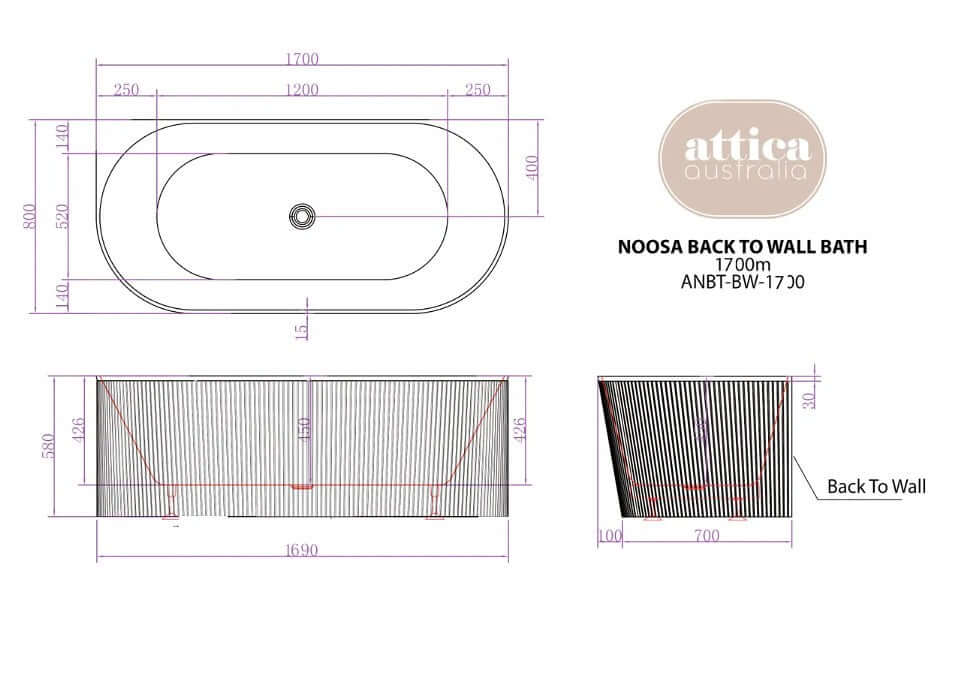 Noosa back-to-wall bathtub dimensions 1700mm, showcasing elegant oval design and premium materials ideal for DIY luxury bathrooms.