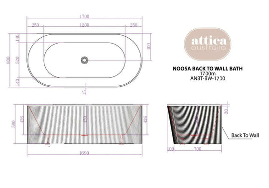 Noosa Back to Wall Bath 1700mm dimensions and design illustration, ideal for affordable luxury and DIY home projects.