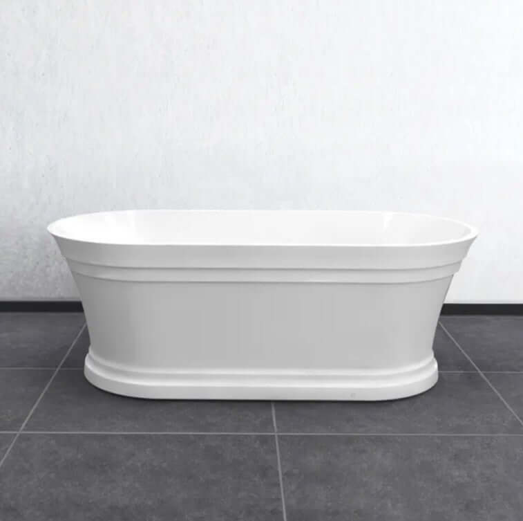 Affordable gloss white freestanding bathtub in an elegant oval shape, perfect for DIY luxury home upgrades.