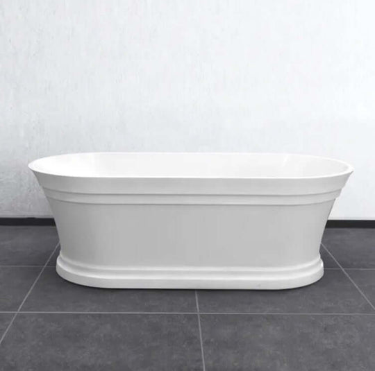 Affordable gloss white freestanding bathtub, 1700x800x560mm, oval shape, modern design for DIY luxury bathrooms.