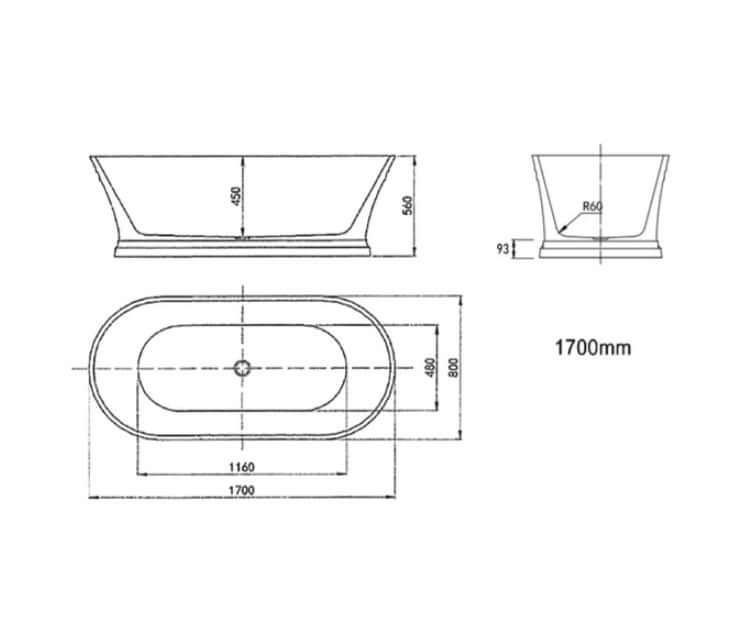 Technical drawing of 1700mm freestanding oval bathtub with dimensions and design details, ideal for DIY luxury bathrooms.