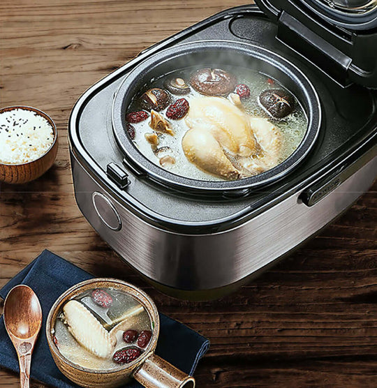 Joyoung Mini Rice Cooker steaming chicken soup with mushrooms and herbs, perfect for 1-3 servings.