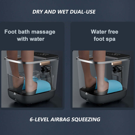 Hoper Layer QN-01 foot massager showing dry and wet dual-use features with 6-level airbag squeezing for relaxation.