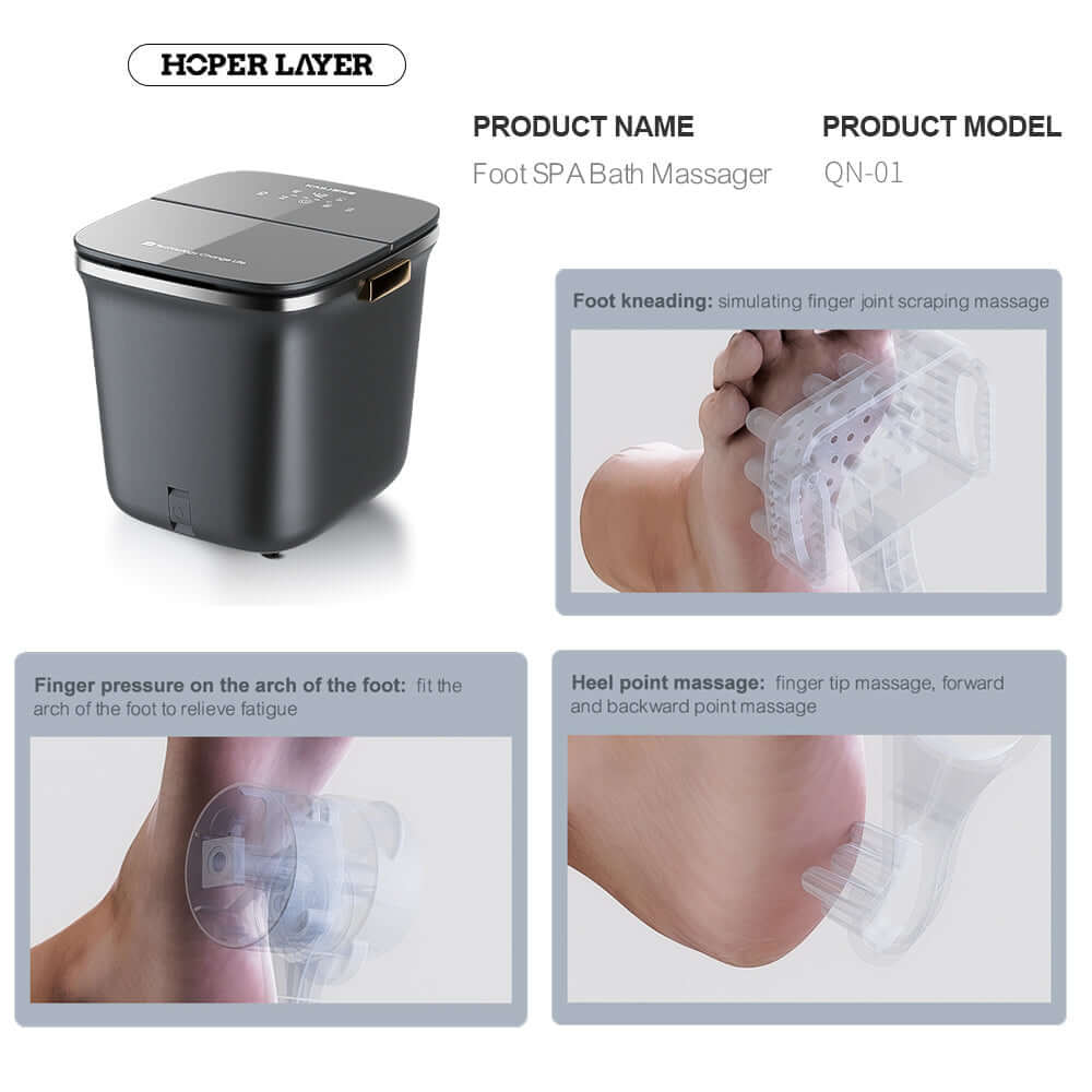 Hoper Layer QN-01 Foot SPA Bath Massager showcasing features like foot kneading and pressure relief for a luxurious experience.