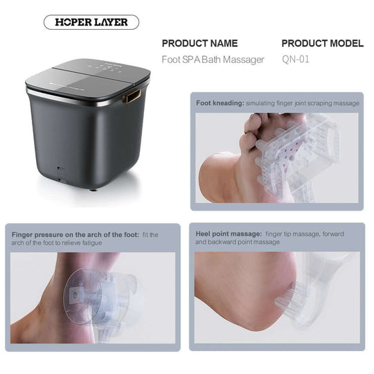 Hoper Layer QN-01 Foot SPA Bath Massager showcasing features like foot kneading and pressure relief for a luxurious experience.