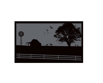 Silhouette of a farmhouse, windmill, and birds against a dusky landscape with a fence.