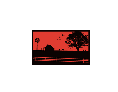 Silhouette of a barn and tree against a red sky, featuring a windmill and birds in flight.