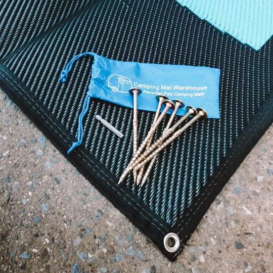 Affordable Mat Screw Kit with durable screws and storage bag on a camping mat, perfect for DIY projects and outdoor adventures.