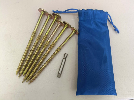 Mat screw kit includes six durable screws and a bit in a blue pouch, perfect for DIY projects and outdoor use.