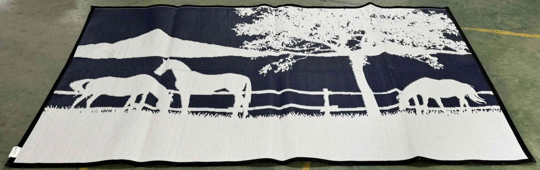 5m x 2.4m recycled poly camping mat featuring horse and tree design, perfect for outdoor adventures.