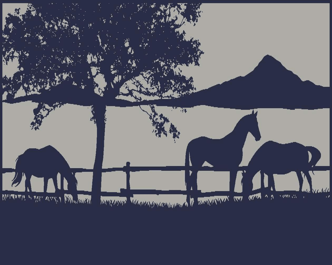 Silhouette of horses grazing near a fence with a tree and mountain backdrop in a navy blue design.