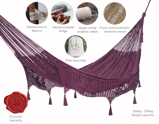 _label_, DSZ Product, feed-cond-new, feed-sl-free shipping, free-shipping, newOutdoor Undercover Cotton Mayan Legacy Hammock With Hand Crocheted Tassels King Size Maroon - Premium Home & Garden > Hammocks > Hammocks & Accessories from Mayan Legacy ! Shop Online Buy Now at S & D's Value Store Family Business Best Customer Service_label_, DSZ Product, feed-cond-new, feed-sl-free shipping, free-shipping, new