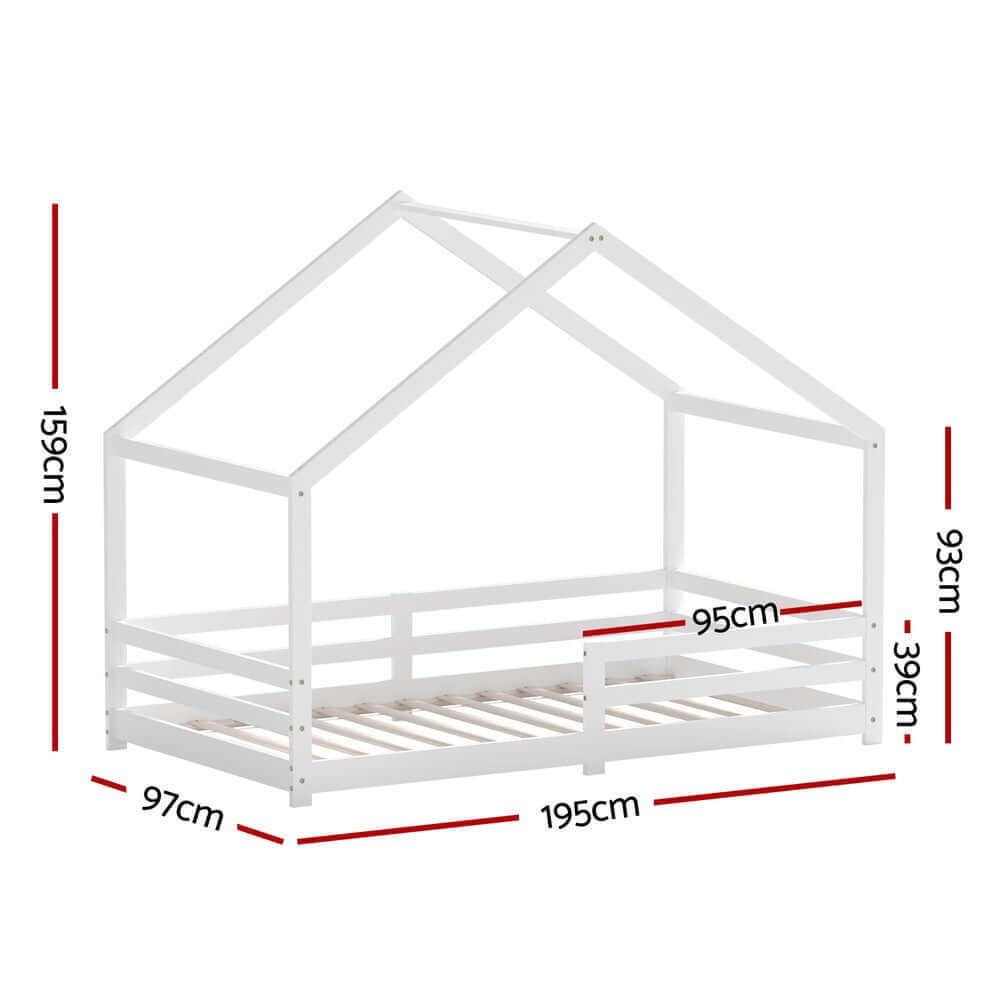 Artiss wooden kids single house bed frame in white with dimensions for easy DIY setup and quality design.