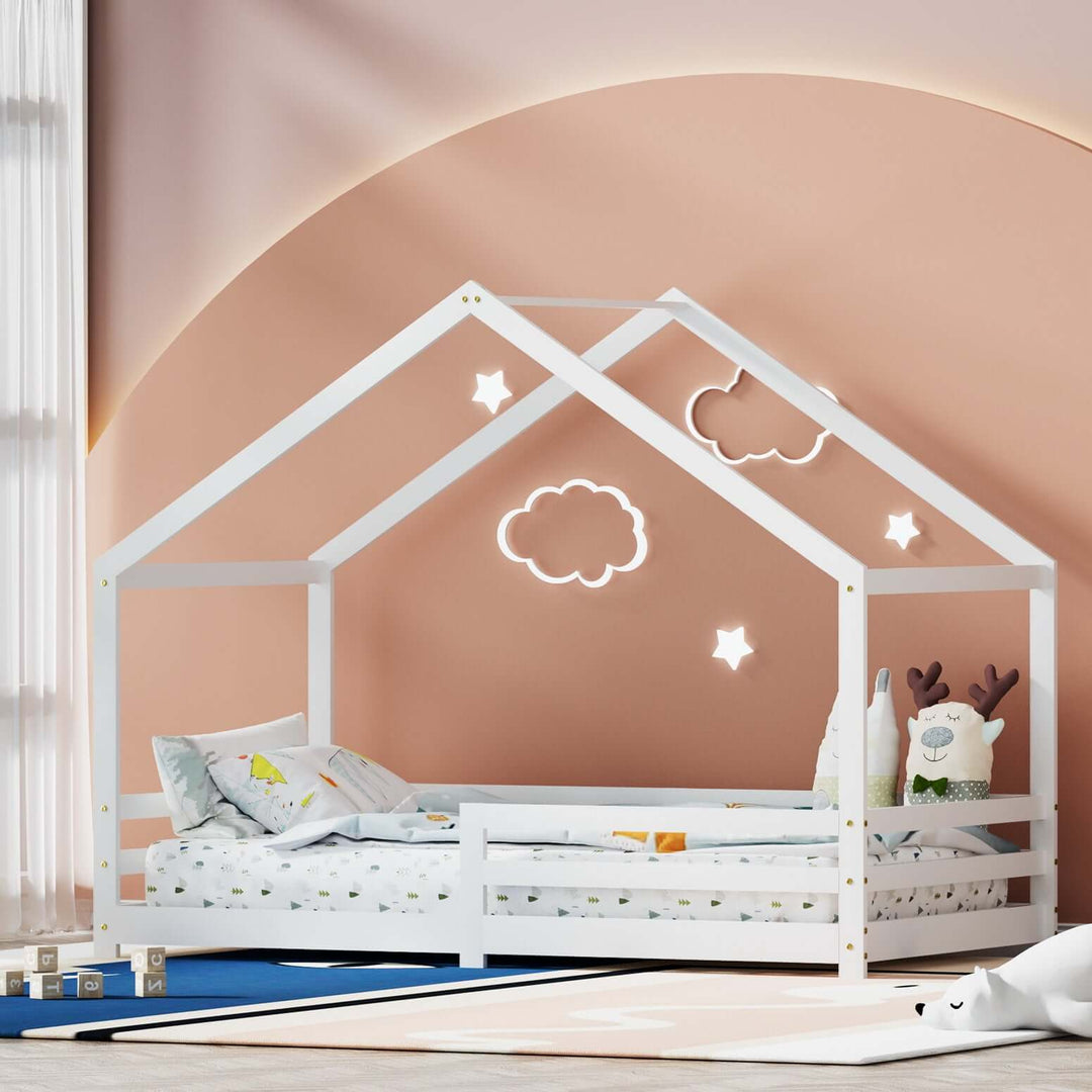 Artiss wooden kids bed frame in house shape, featuring safe non-toxic paint and smooth edges, ideal for children's bedrooms.