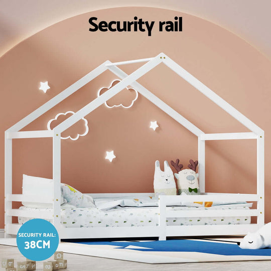 Artiss wooden kids bed frame with security rail, designed for safety and style in a child's bedroom.