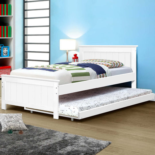 Artiss Bed Frame King Single Size Wooden Trundle Daybed White ELVIS