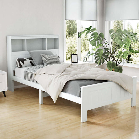 Artiss Bed Frame King Single Size Wooden with 3 Shelves Bed Head White