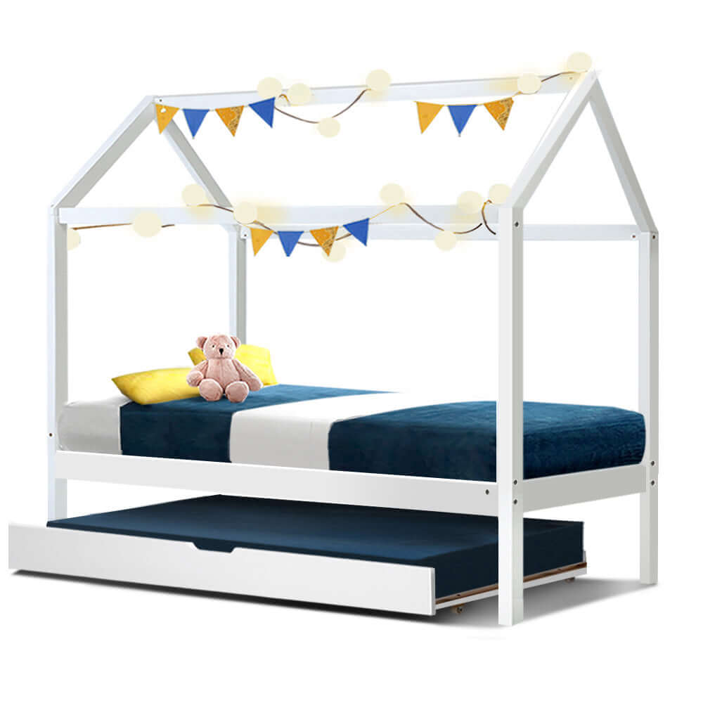 Artiss wooden trundle bed frame with house design, ideal for kids, featuring storage drawer and festive bunting.