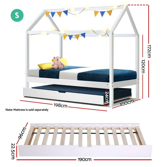 Artiss wooden trundle daybed for kids with dimensions, white house frame design, affordable quality furniture.