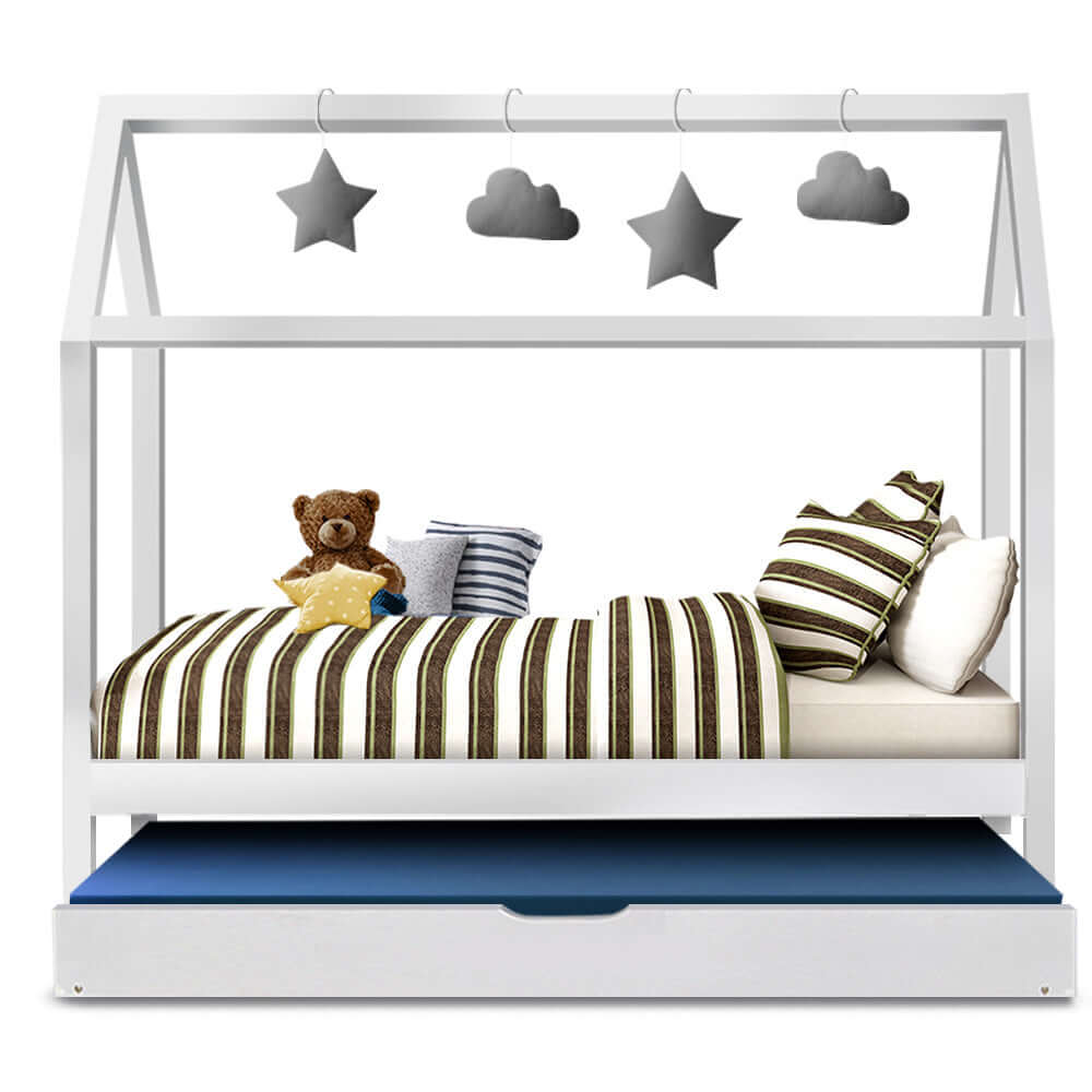 Artiss HOLY Wooden Trundle Daybed in White with plush toys and striped bedding, perfect for kids' rooms.