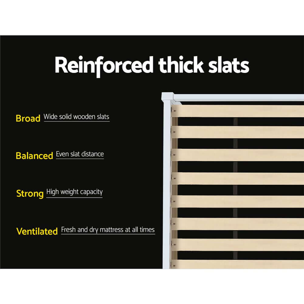 Detailed view of reinforced thick wooden slats for sturdy and balanced support in bed frames.