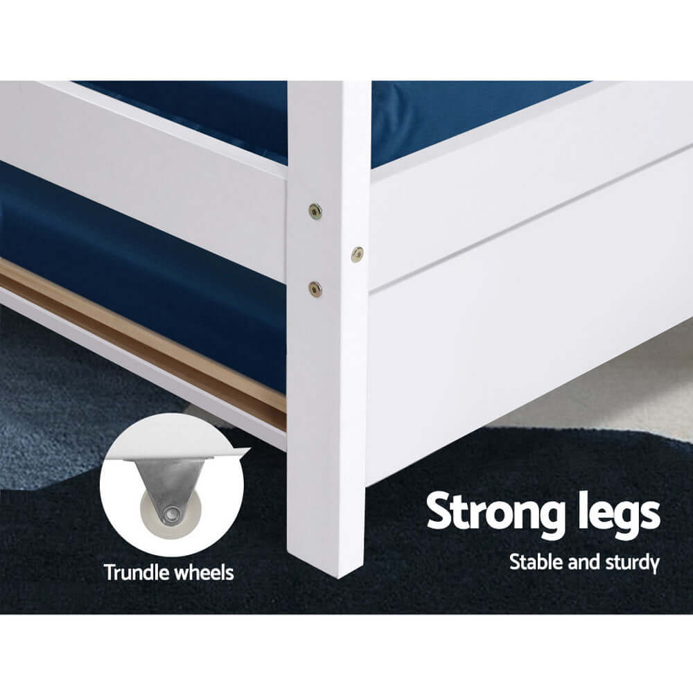 Close-up of Artiss Bed Frame showing strong legs and trundle wheels for stability and sturdiness.