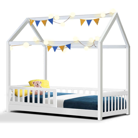 Artiss wooden kids house bed frame in white with decorative lights and bunting, perfect for affordable and quality children's rooms.