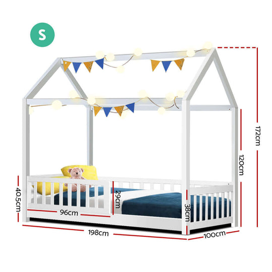 Artiss wooden kids house bed frame in white with dimensions, featuring playful decor and cozy bedding.