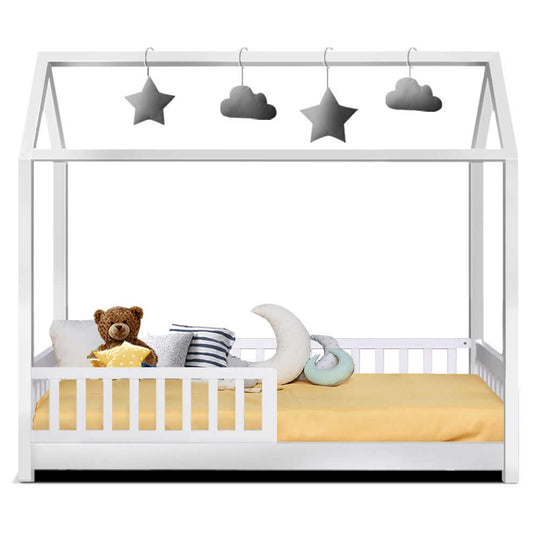 Artiss wooden kids house bed frame in white with teddy bear, cushions and canopy stars - Affordable and quality DIY design.