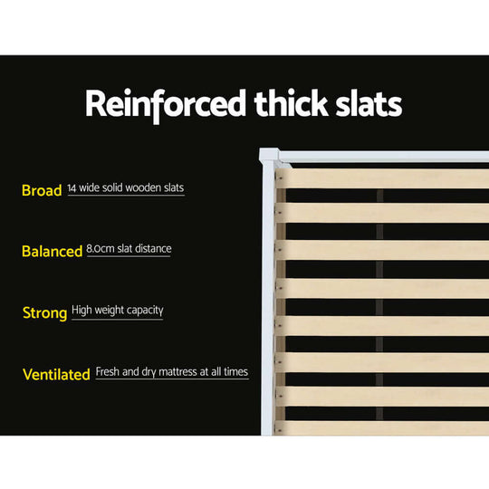 Reinforced thick wooden slats for bed frame: 14 wide, 8cm spaced for strength and ventilation.