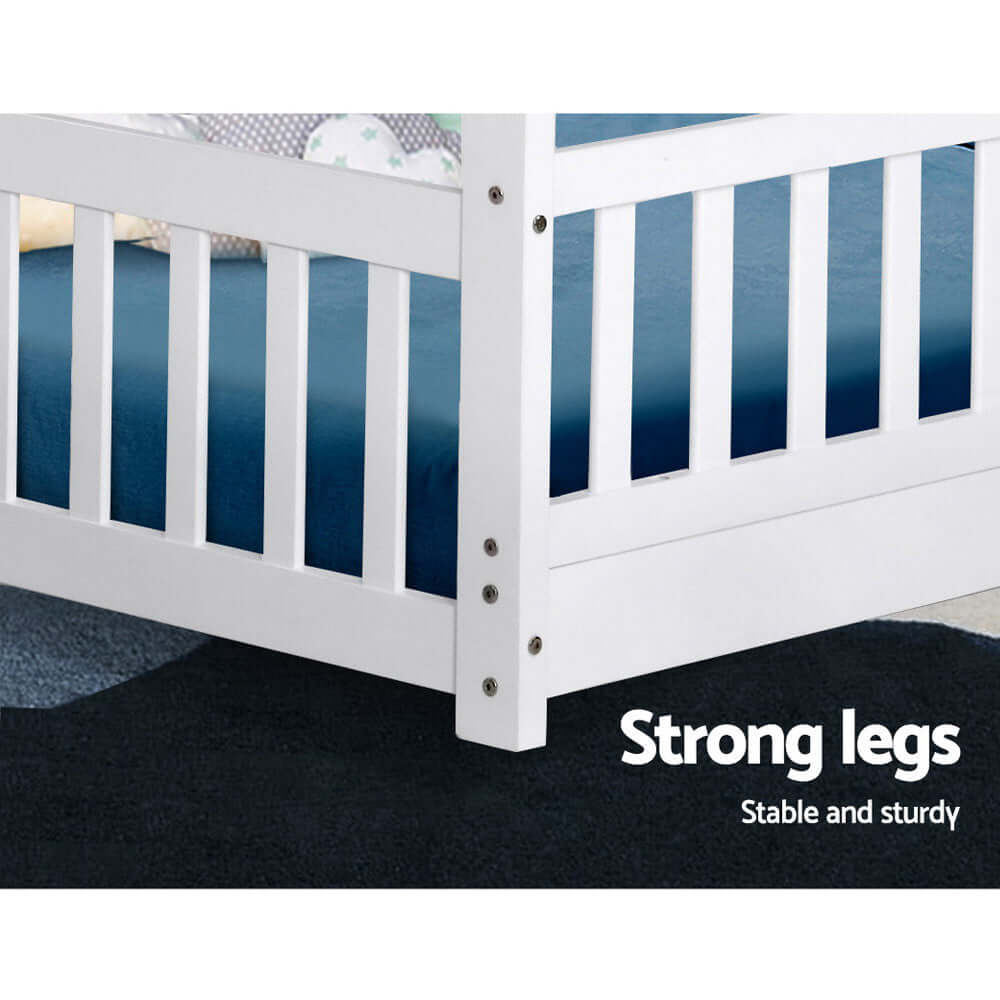 Close-up of the strong legs of the Artiss Wooden Kids Bed Frame, showcasing stability and sturdiness.